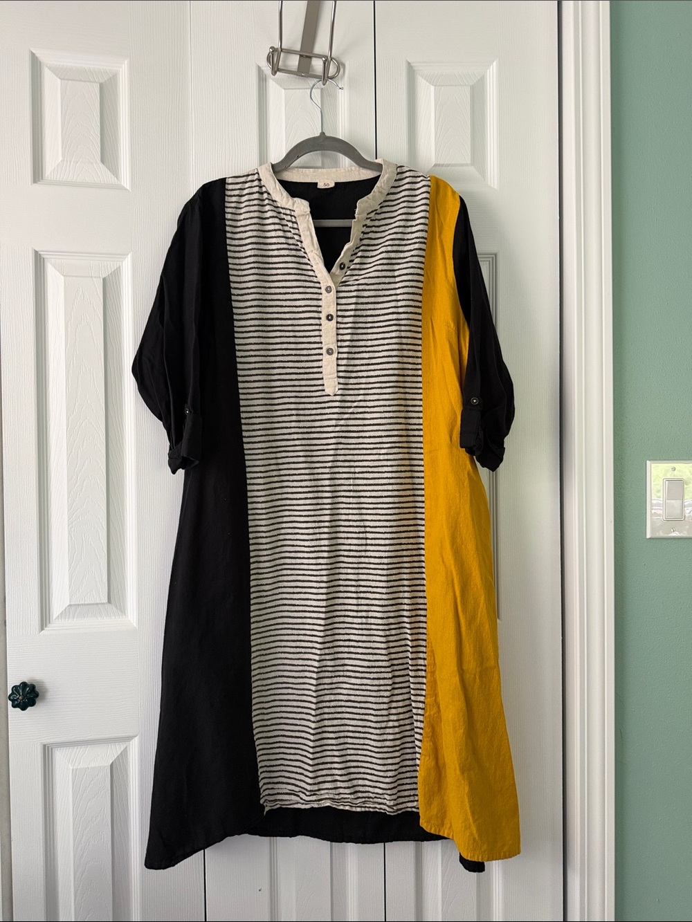 Women’s Kurta - Striped Henley Tunic Dress with Black & Mustard Panels